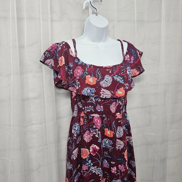 Lucky Brand Plum Floral Maxi Dress Cold Shoulder Boho Festival M - Picture 4 of 12